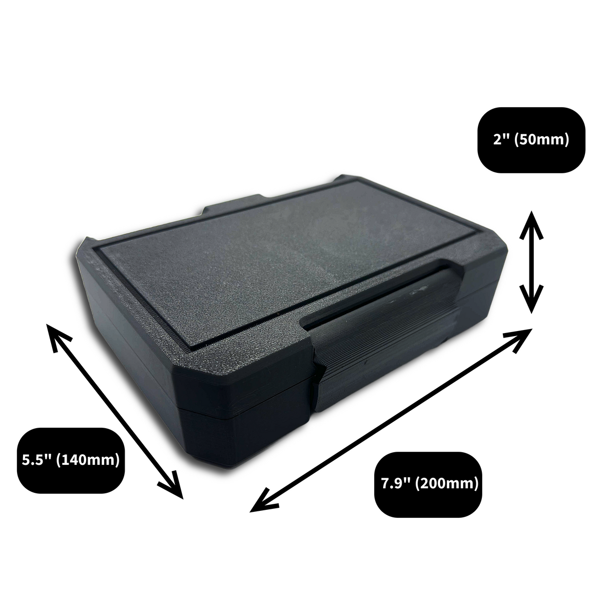 Closed black storage case shown with dimensions labeled: 7.9 inches (200mm) wide, 5.5 inches (140mm) long, and 2 inches (50mm) tall. Compact design for travel or drawer storage.