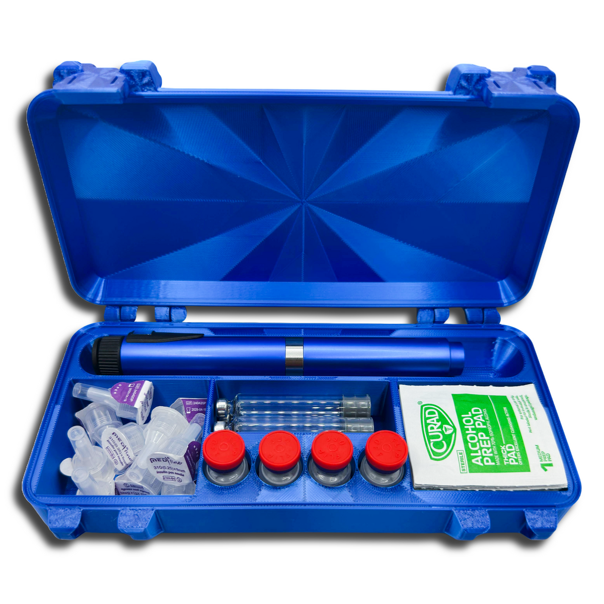 Straight-on open view of the case showing pen and accessory slots. Perfect for daily protocol management with room for alcohol wipes or pen tips.