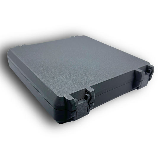 Closed 100-slot 3ml vial storage case in dark gray, shown from an angled view with secure latches.