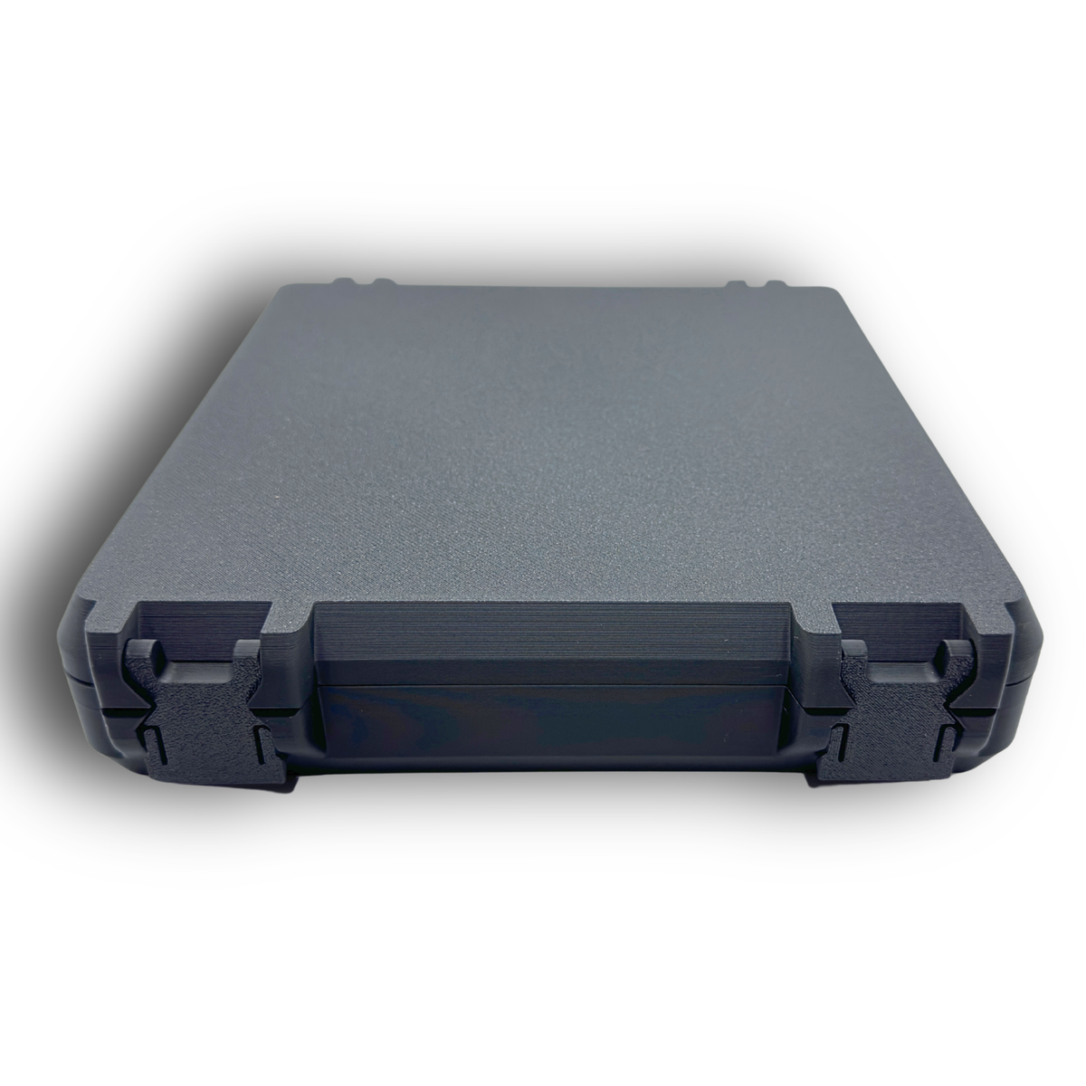 Front view of closed 100-slot 3ml vial storage case highlighting the latch system and compact profile