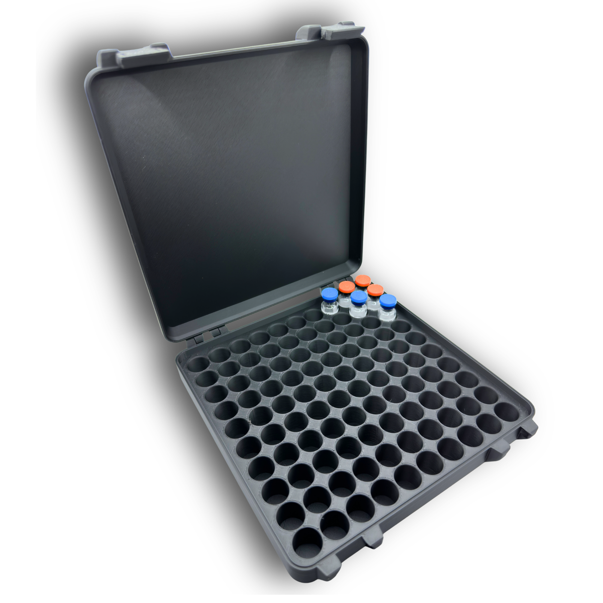 Open 100-slot storage case for 3ml vials, displaying precision-fit compartments for organized vial storage