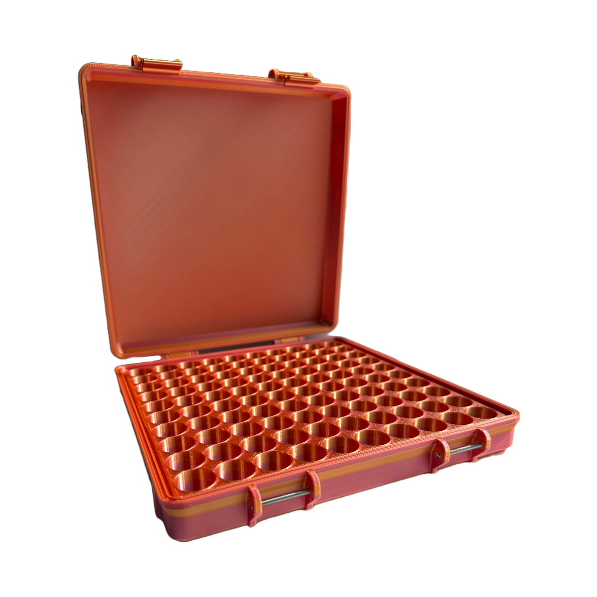 Durable 3D-printed peptide storage rack for 100 vials, shown in orange and red color scheme, ideal for GLP-1 and peptide users