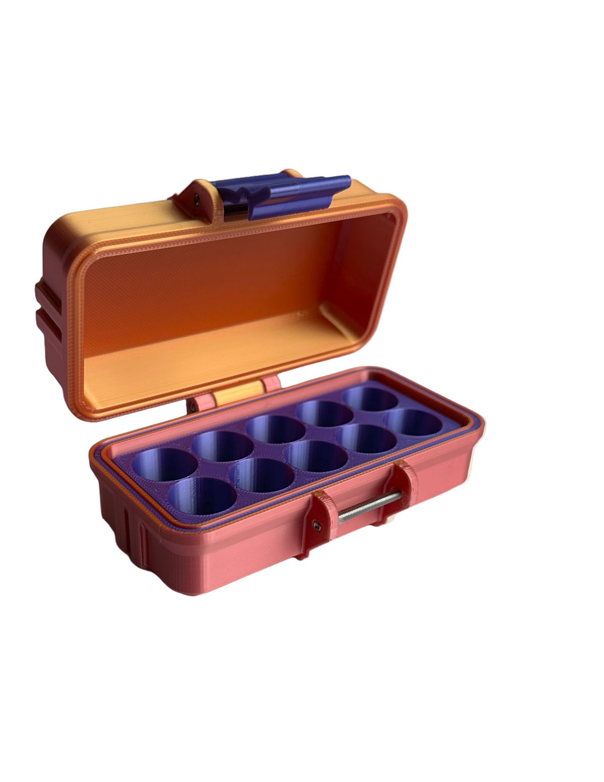Compact 10-vial peptide case in orange, pink, and purple, perfect for travel or fridge storage of GLP-1 vials