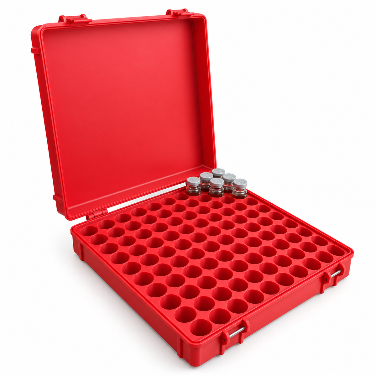 Open red 100-slot 10mL vial storage case showing a large grid of upright compartments, sample vials and two front latches.