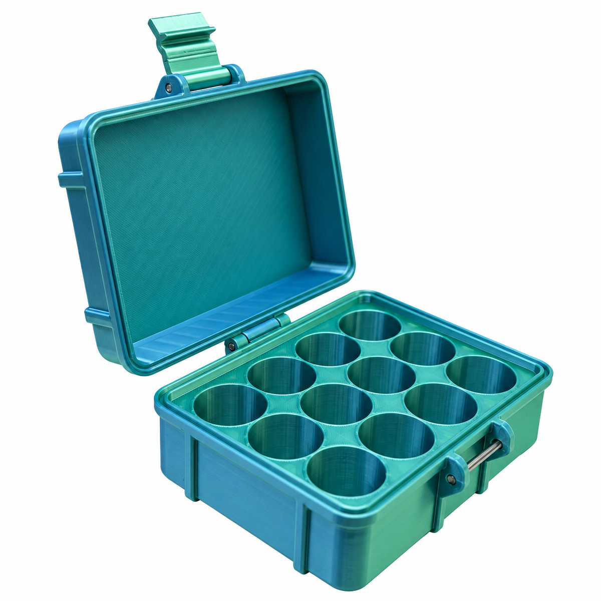 Open blue and green 12-slot 10mL vial storage case showing twelve empty upright compartments, a hinged lid and front latch.