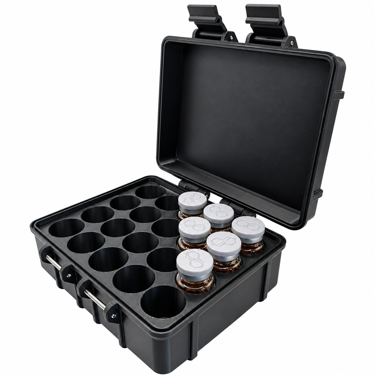Open black 20-slot 10mL vial storage case with individual upright compartments, sample glass vials and two front latches.