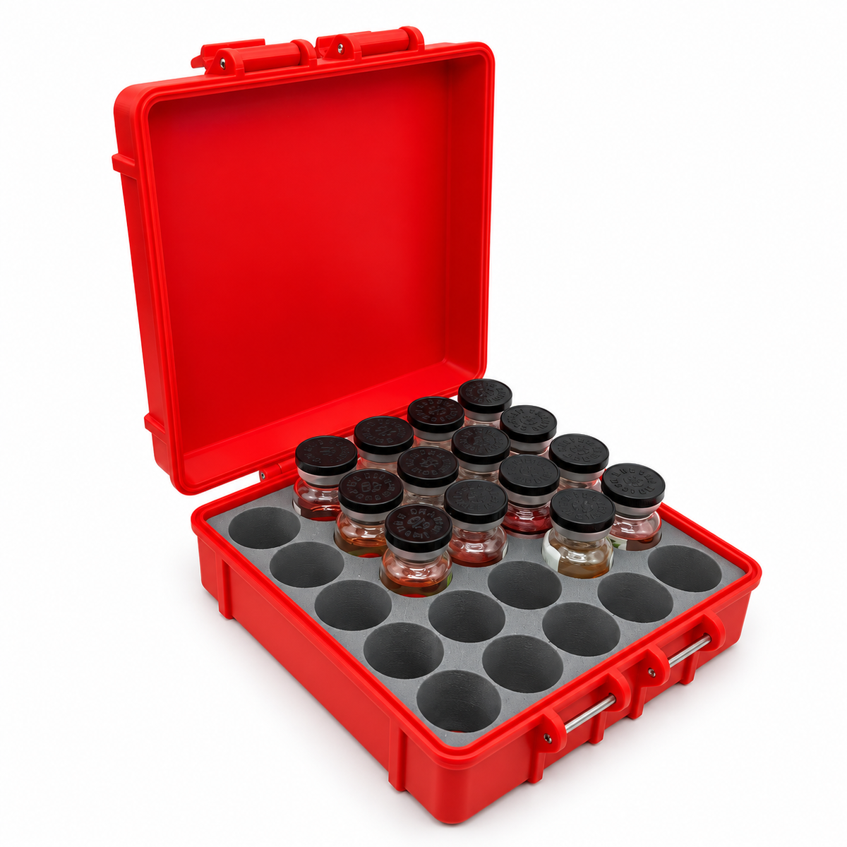Open red 25-slot 10mL vial storage case with a gray insert, separate vial compartments and two front latches.