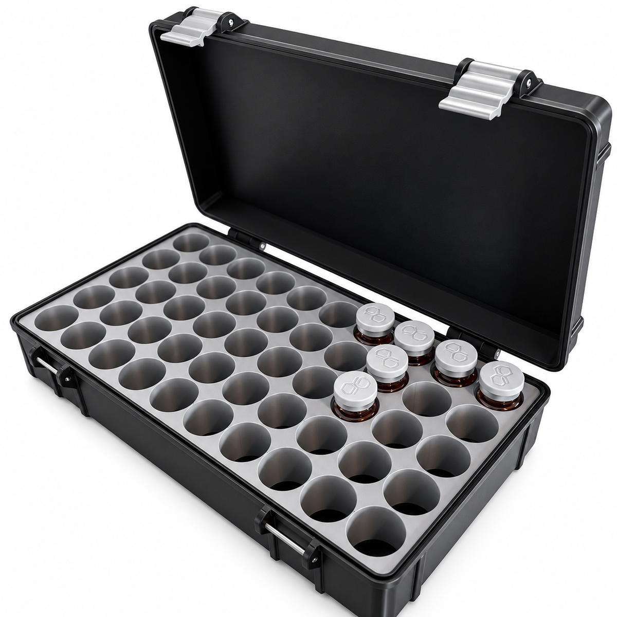 Open black 50-slot 10mL vial storage case with a gray grid insert, sample vials and a wide hinged lid with two latches.