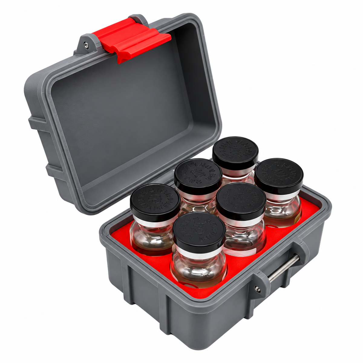 Open gray 6-slot 10mL vial storage case with a red insert and latch, holding six glass vials in separate upright compartments.