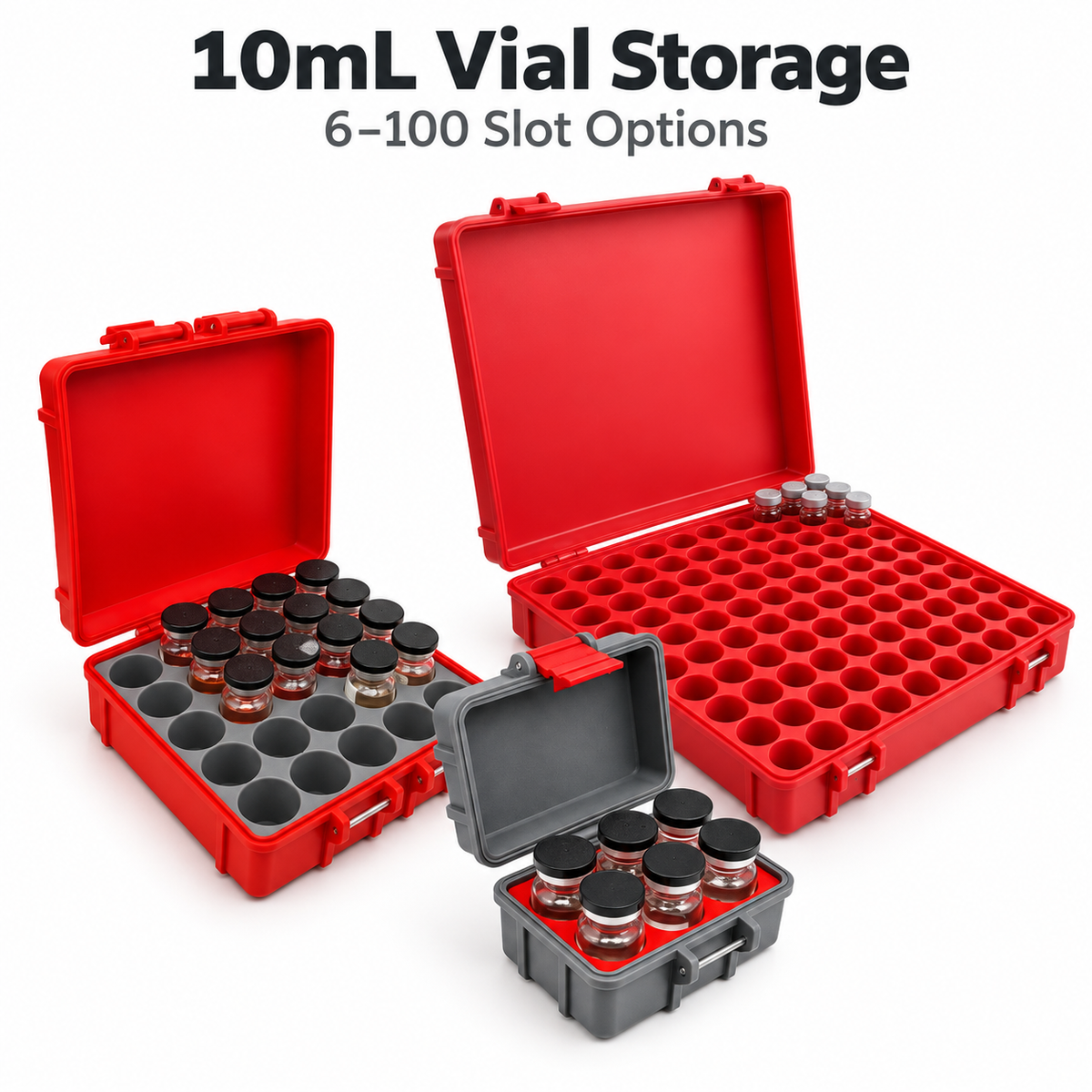 Three open 10mL vial storage cases comparing 6-, 25-, and 100-slot capacities, with individual upright compartments and hinged lids.
