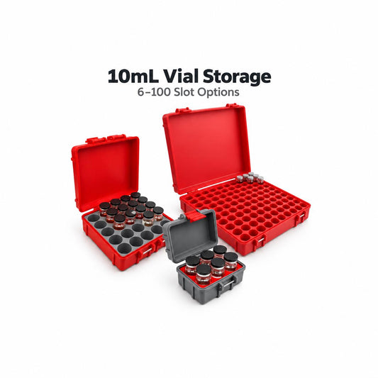 Three open 10ml vial storage cases in different sizes on white, with individual vial slots and hinged lids.