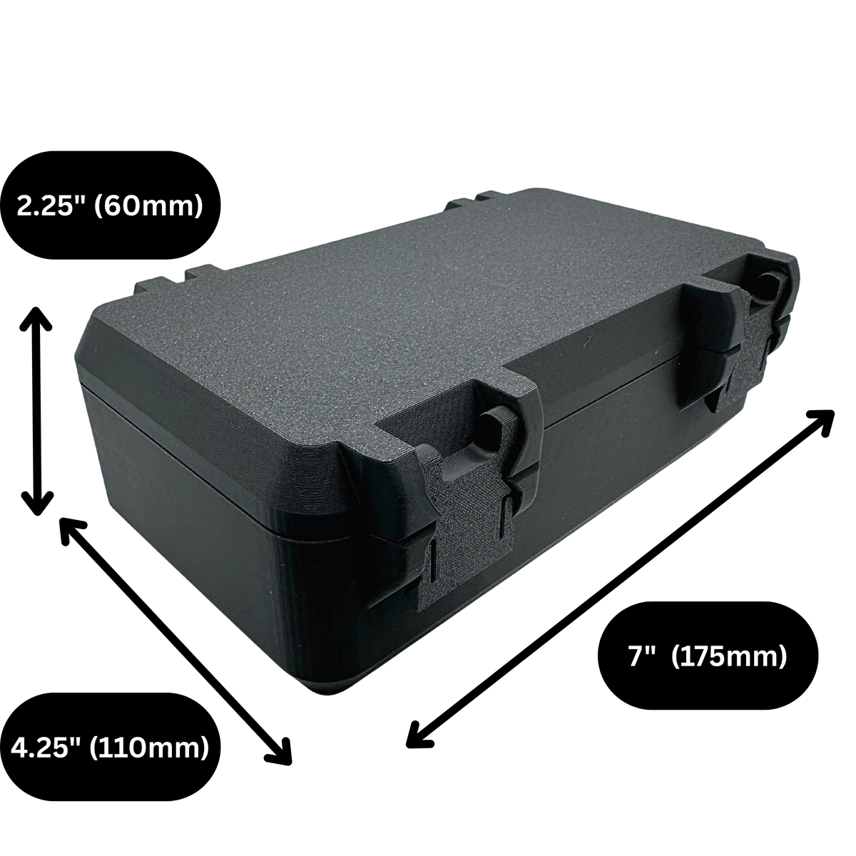 Closed black snap-lock storage case with labeled exterior dimensions: 7 inches long, 4.25 inches wide, and 2.25 inches tall. Durable hard-shell design made for organizing wellness supplies such as 10ml and 3ml vials, syringes, and wipes. Compact size ideal for travel bags, drawers, fridges, or everyday carry needs.