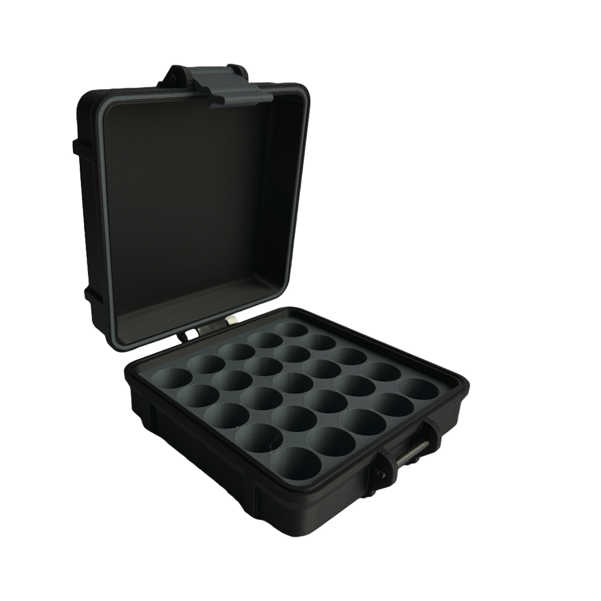 Sleek black 25-vial storage container for peptides and wellness vials, built for fridge or discreet drawer use