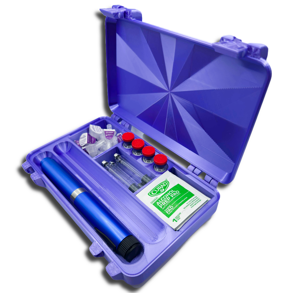 Side-angle view of the open two-pen organizer highlighting interior channels for injection pens and front accessory slots for caps, tips, or wipes. Lightweight, eco-friendly PLA construction keeps your routine tidy and portable
