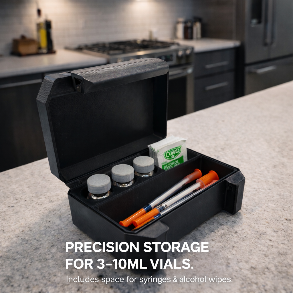 Open matte black storage case displayed on a modern kitchen countertop, showing organized interior with three 3–10ml vials, a dedicated slot for wipes, and a long compartment for syringes up to 120mm. Precision-fit layout keeps supplies separated, protected, and easy to access in a clean home setting.