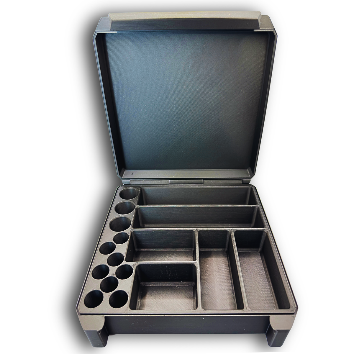 Empty black case showing three 10ml vial wells, eight 3ml vial wells and separate syringe and supply compartments.
