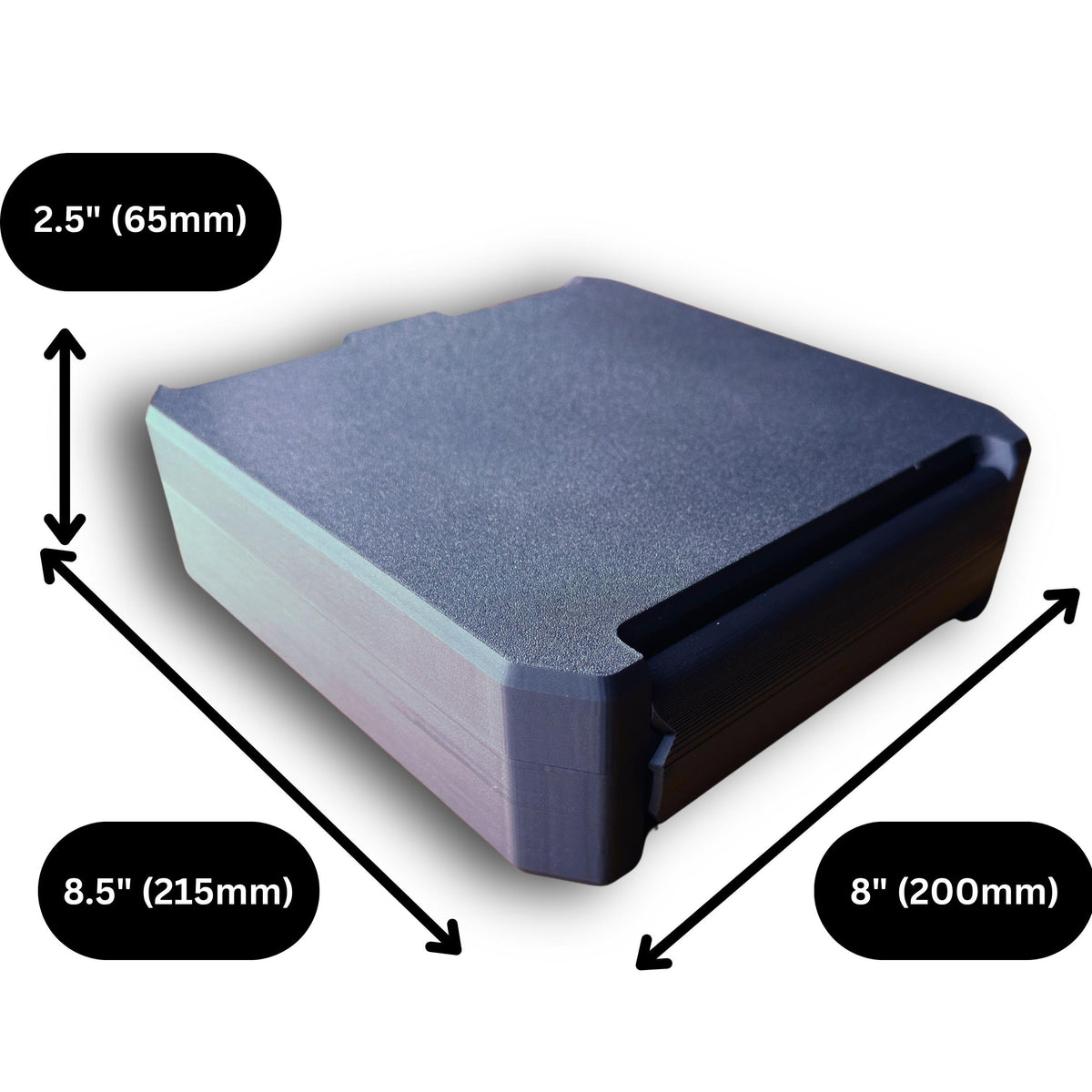 Closed black vial case measuring approximately 8.5 by 8 by 2.5 inches on a white background.