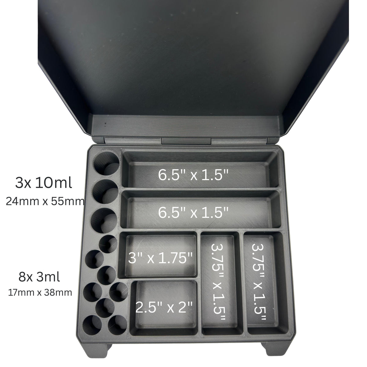 Compartment dimension diagram for the 3 plus 8 vial case with syringe and accessory storage measurements.