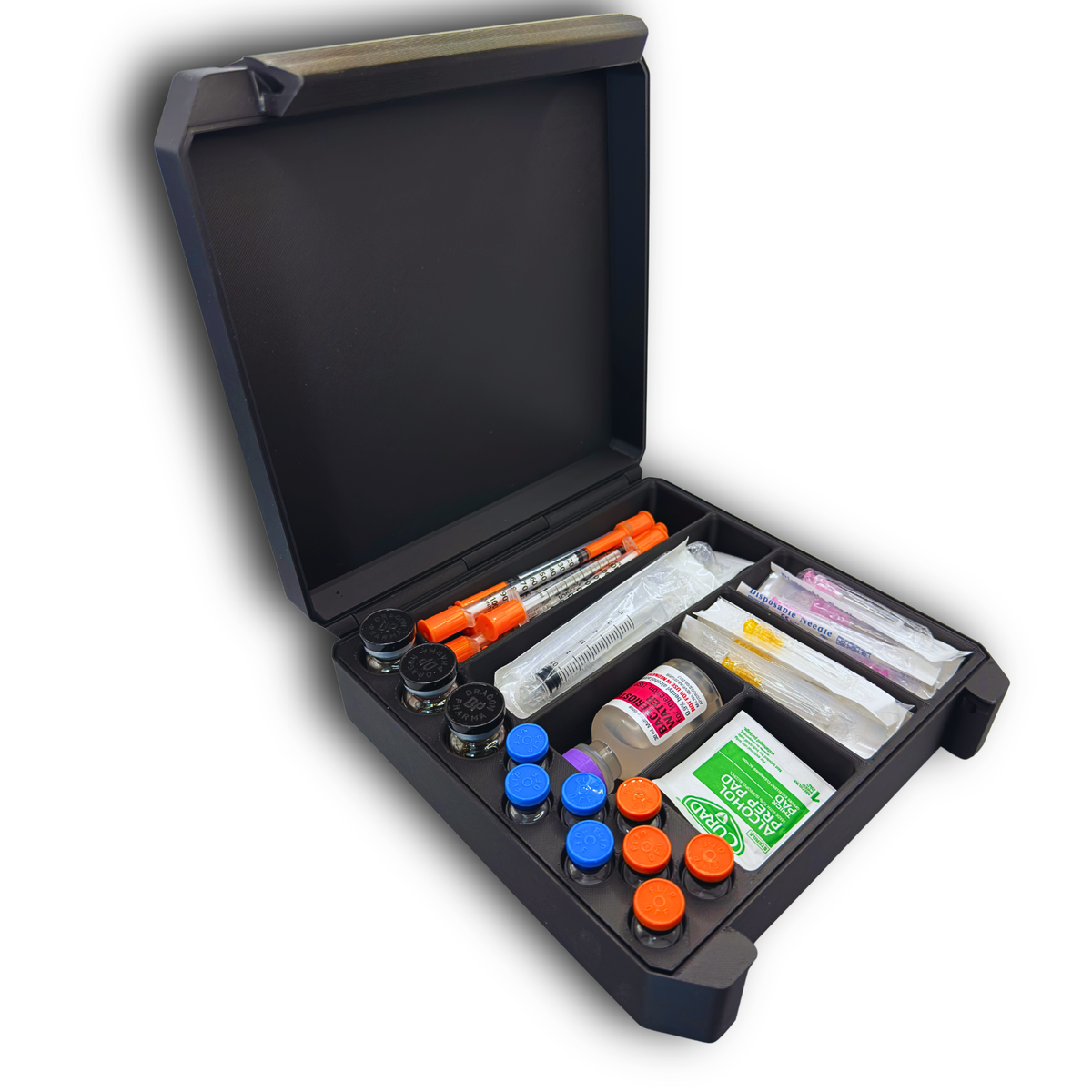 Angled black case holding three 10ml vials, eight 3ml vials, syringes, packaged needles, BAC water and prep pads.
