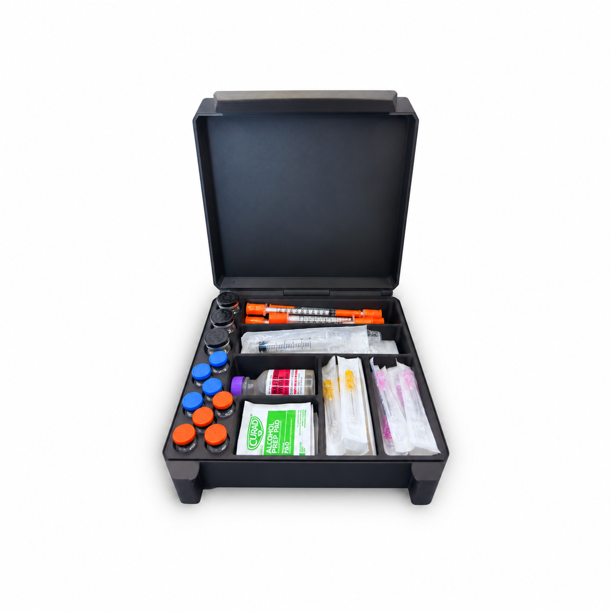 Open black case on white holding three 10ml vials, eight 3ml vials and injection supplies in separate compartments.
