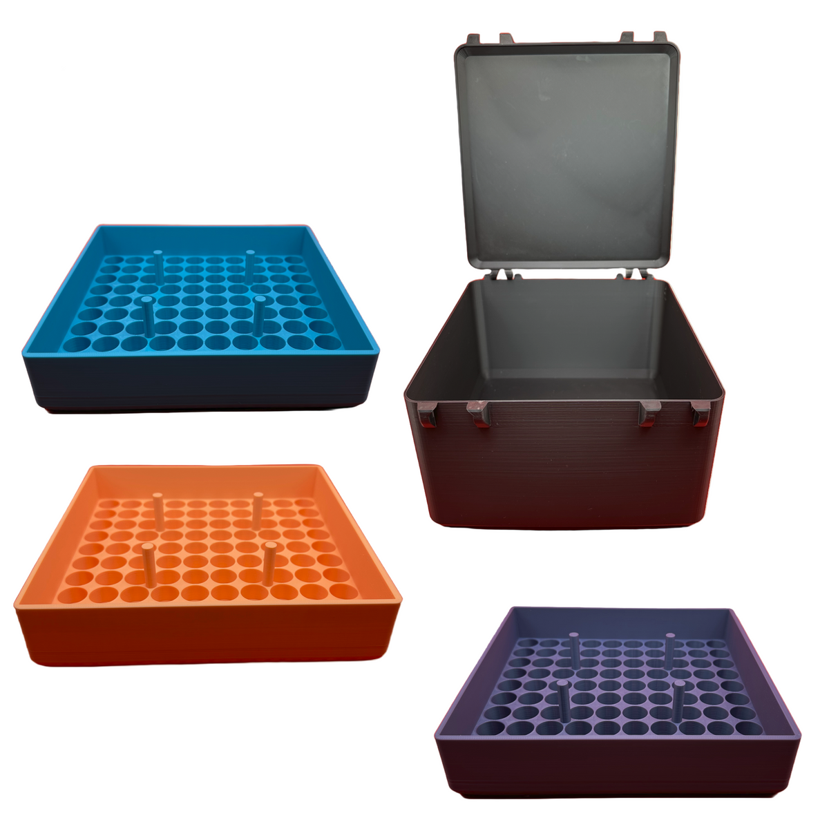  300 vial capacity peptide storage organizer with multiple colored inserts and open case. Great for bulk home use or long-term GLP-1 protocol storage.