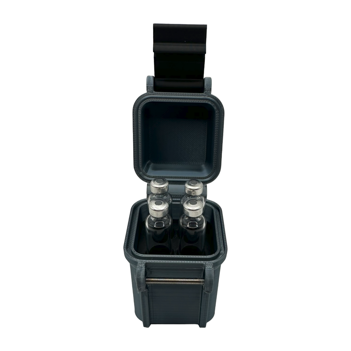 Front view of an open black 3D-printed cartridge case holding four 3ml vials upright. Precision-molded, compact design ideal for travel or drawer use.