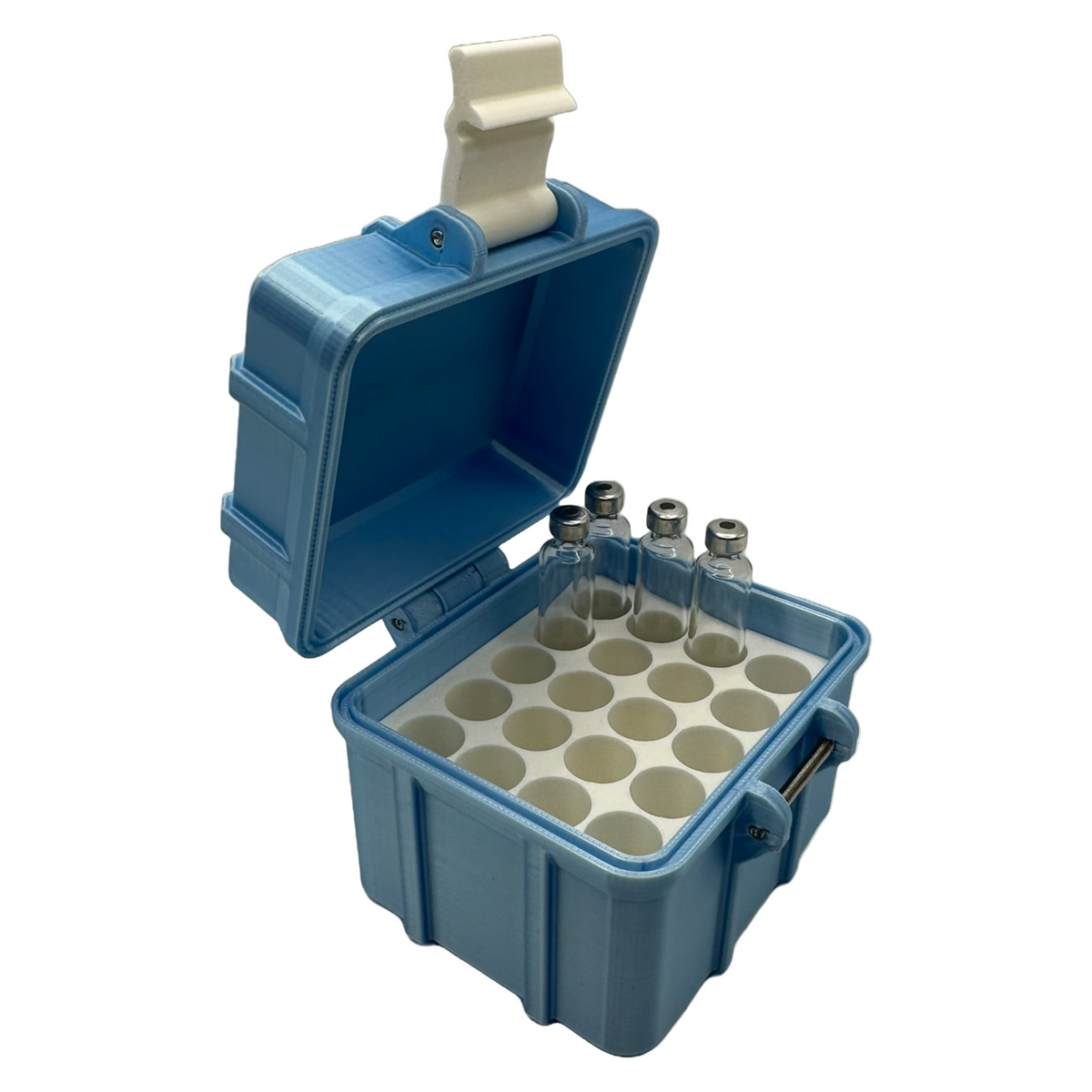 Angled view of a blue 20-slot 3ml cartridge storage case, shown open with five clear vials inserted. Designed to hold 12mm x 64mm vials upright and secure.