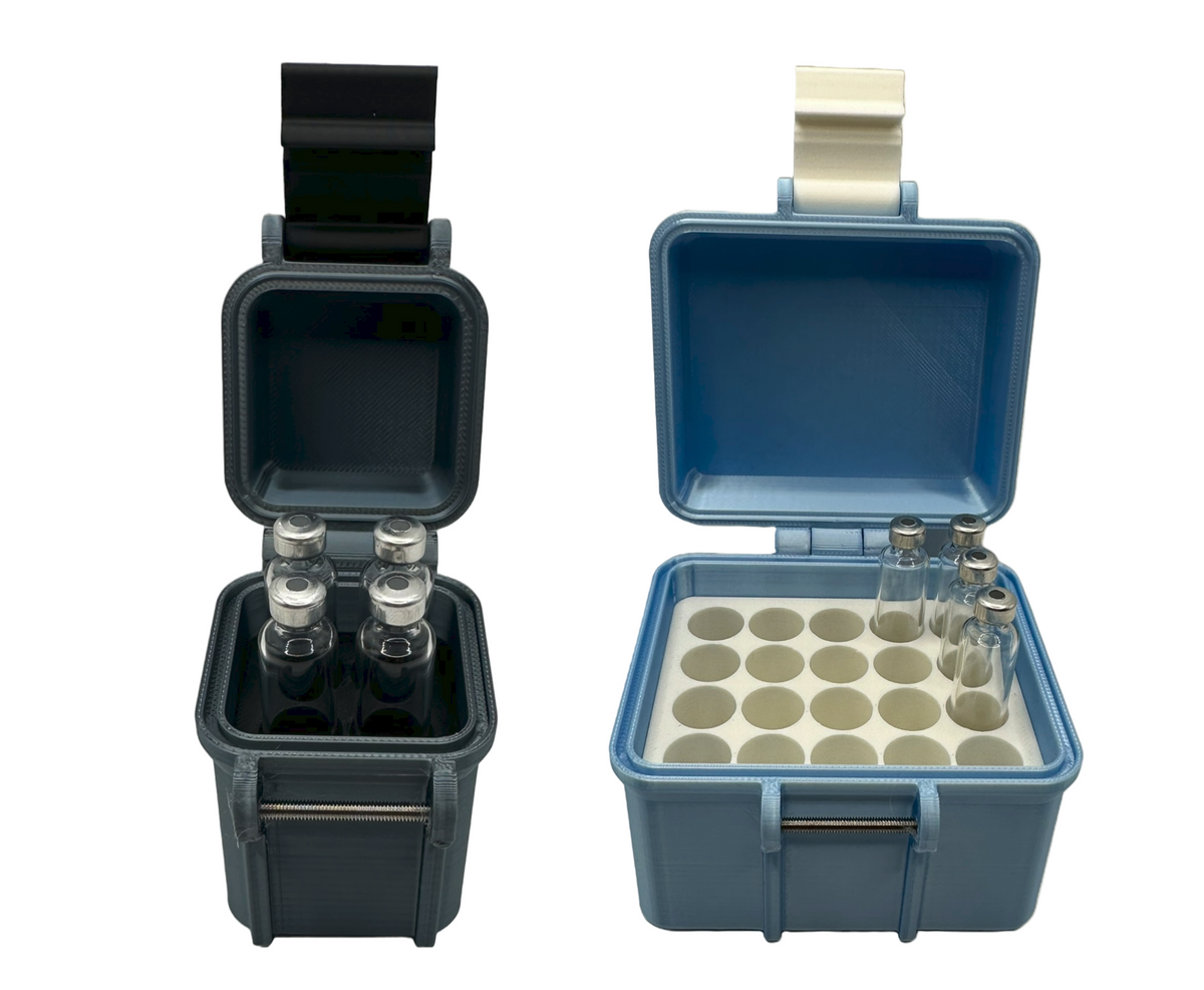 Side-by-side view of a black 4-slot and blue 20-slot 3ml cartridge case, both shown open. Text reads “Precision Storage – 3ML Cartridges.” Designed for GLP-1 and peptide vial organization.