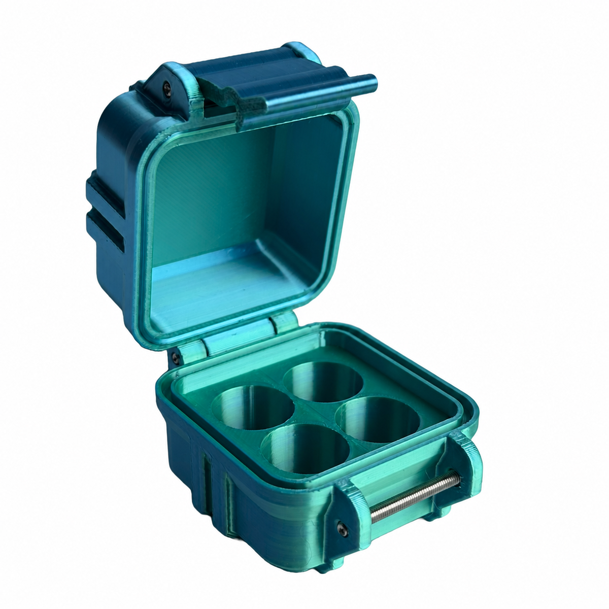 Open teal and blue 4-slot 3mL vial storage case with four upright compartments, hinged lid and front latch on white.