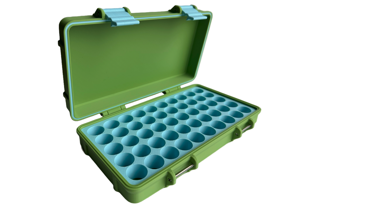Green and blue 50-slot peptide vial storage case, great for home users organizing their wellness and GLP-1 supplies