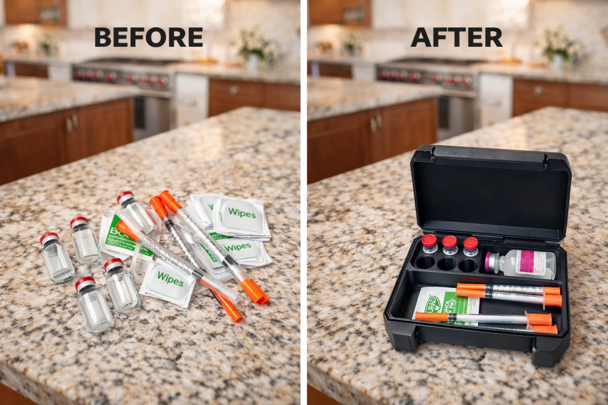 Before and after comparison showing medical supplies scattered on a kitchen counter versus neatly organized inside a compact black storage case. The before image shows 3mL vials, syringes, a BAC water ampule, and alcohol wipes spread across a granite countertop. The after image shows the same items stored inside a case with six 3mL vial slots (17x38mm), a dedicated BAC water ampule slot, and a large compartment holding syringes up to 120mm and wipes.