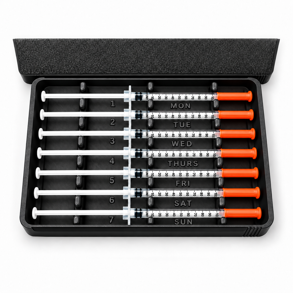 Black seven-slot syringe case with seven capped 1ml syringes, numbered MON–SUN positions, and sliding lid.