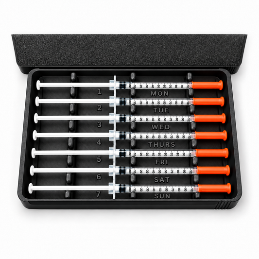 Black seven-slot syringe case with seven capped 1ml syringes, numbered MON–SUN positions, and sliding lid.