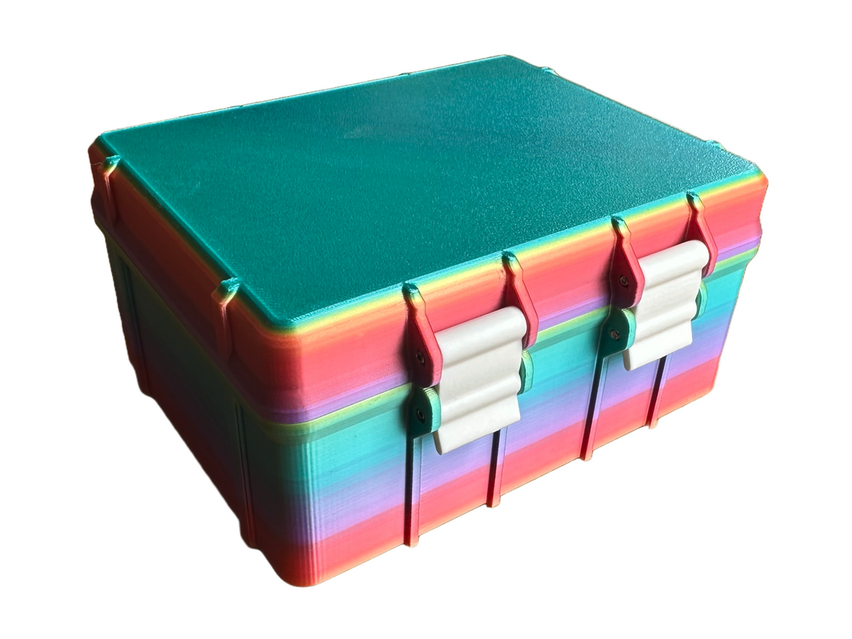 Closed 12-slot BAC Water storage case in rainbow gradient PLA plastic with dual white clasps. Durable and travel-ready container for Hospira vials sized 72mm x 34mm. Clean, compact, and secure storage solution for medical or home use.
