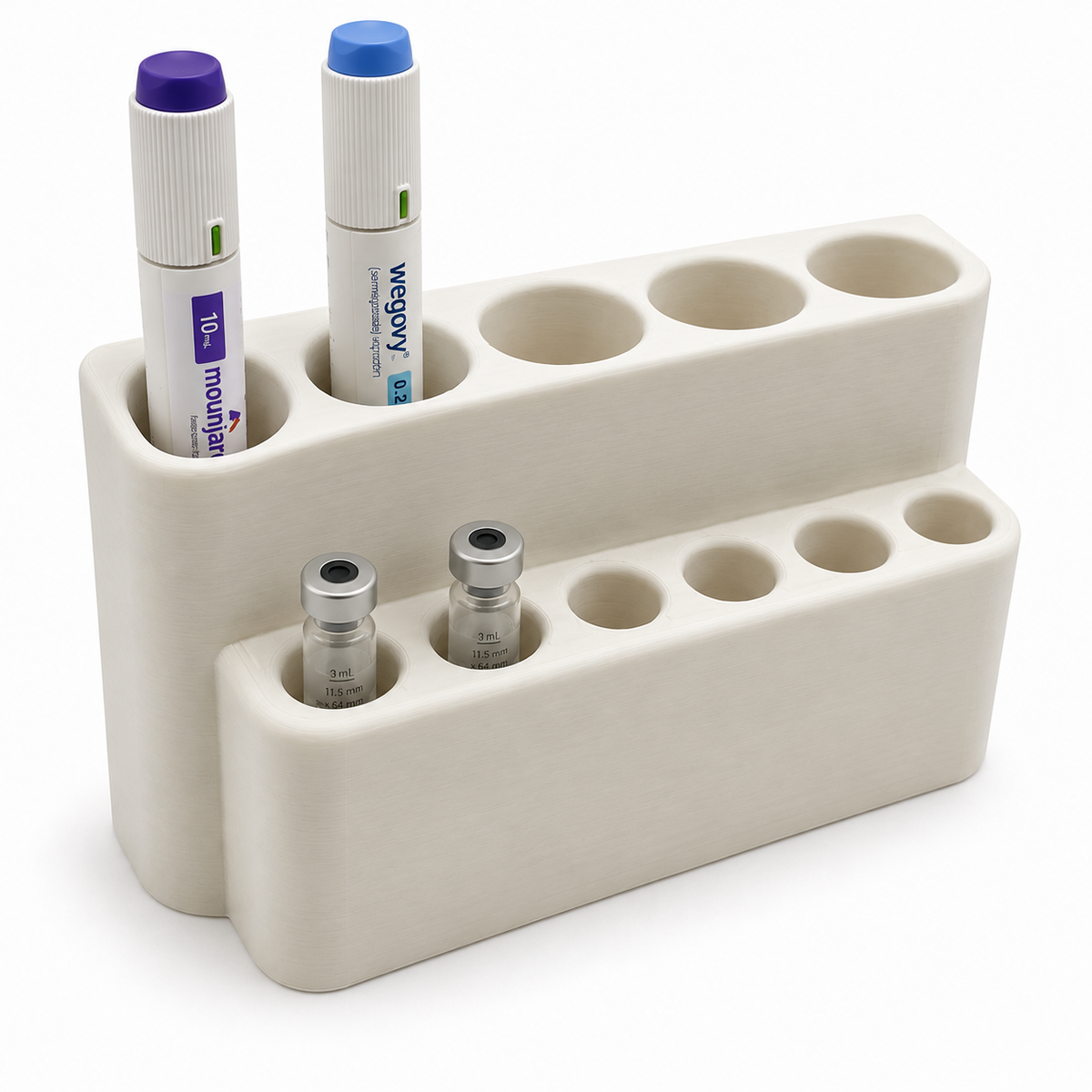 Fridge-mounted organizer holding injection pens and cartridges upright