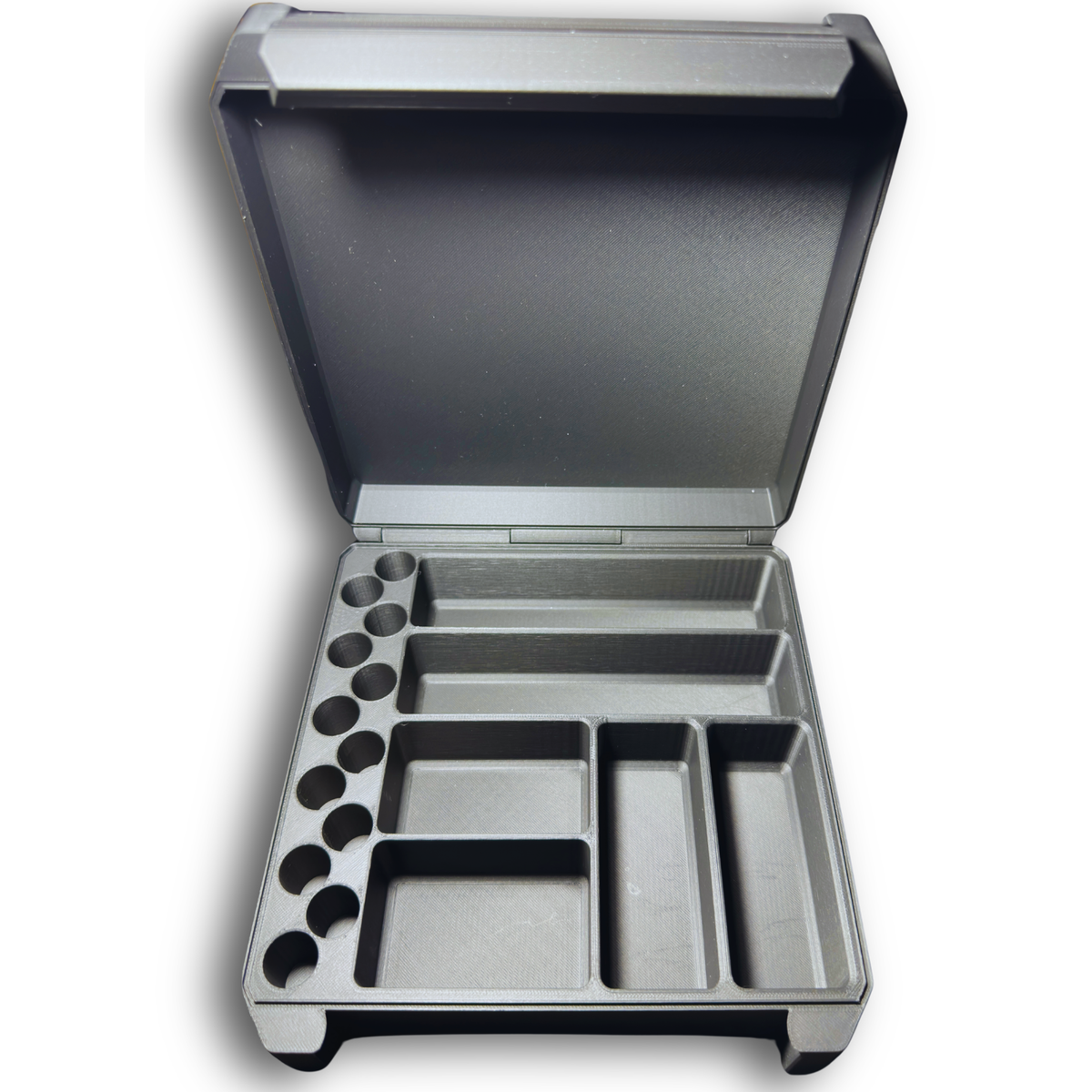 Open storage case showing the empty interior layout with 12 round vial slots sized for standard 3ml vials and multiple rectangular compartments for syringes, wipes, and accessories. Includes a larger section designed to fit a Hospira BAC Water vial