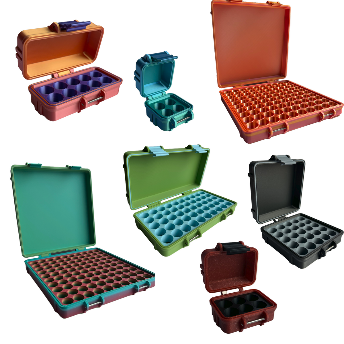 Assorted peptide vial storage cases from Layered Vault Studio, including 10, 25, 50, and 100 vial sizes in various colors