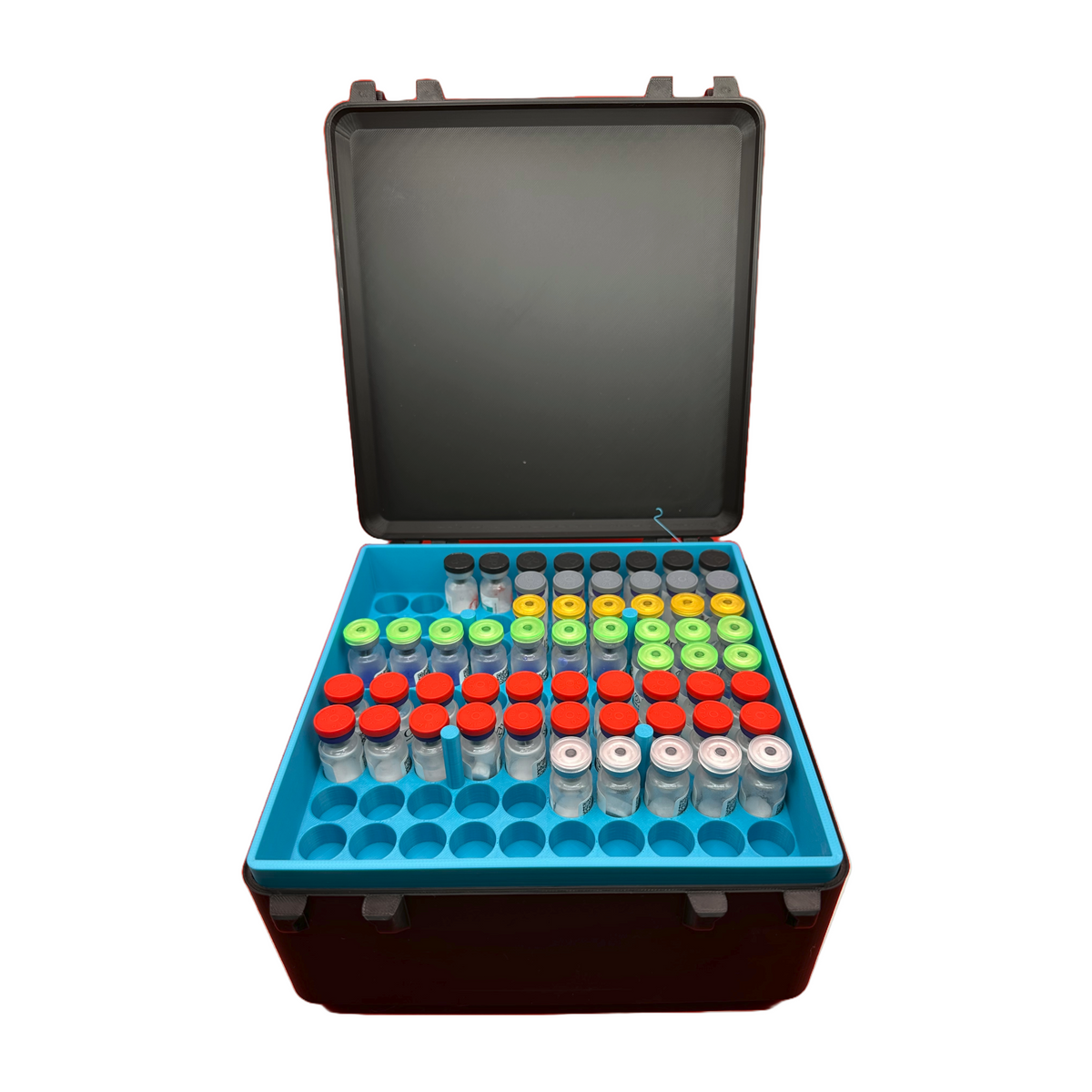  Open 3ml peptide vial storage case filled with colorful capped vials, ideal for home fridge or freezer organization. Holds up to 300 vials sized 16mm x 38mm.