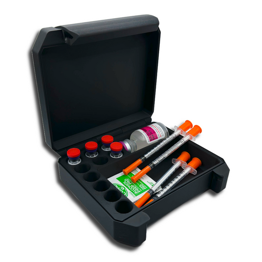 Black open case with medical supplies including syringes and vials on a white background