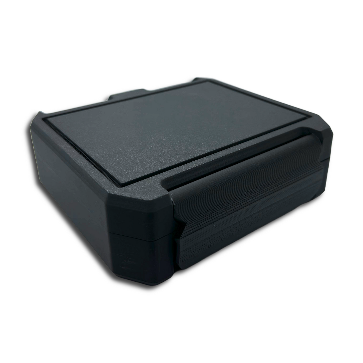 Top-down view of closed 10-slot vial storage case showing compact rectangular design, secure snap-latch lid, and durable exterior made from plant-based PLA.