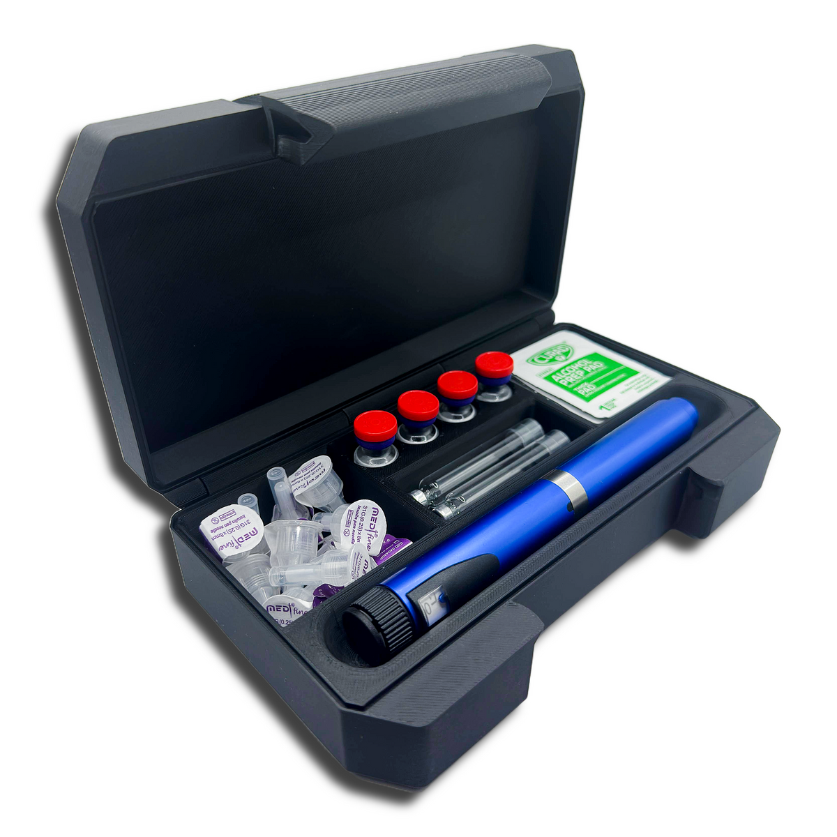 Open black storage case holding one blue insulin or peptide pen, four 3ml vials with red caps, two pen cartridges, pen needle tips, and a pack of alcohol prep pads. The case features custom-cut compartments and a snap-latch lid, ideal for organizing injection supplies for travel or fridge use.