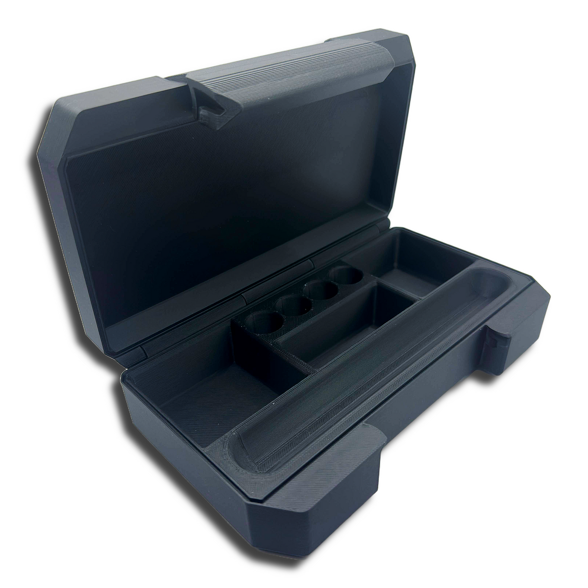 Empty black storage case shown open with custom-fit compartments for one pen, four 3ml vials, pen needle packs, alcohol wipes, and cartridges. The sturdy case features a snap-latch lid and molded interior, designed for compact, organized storage of injection supplies.