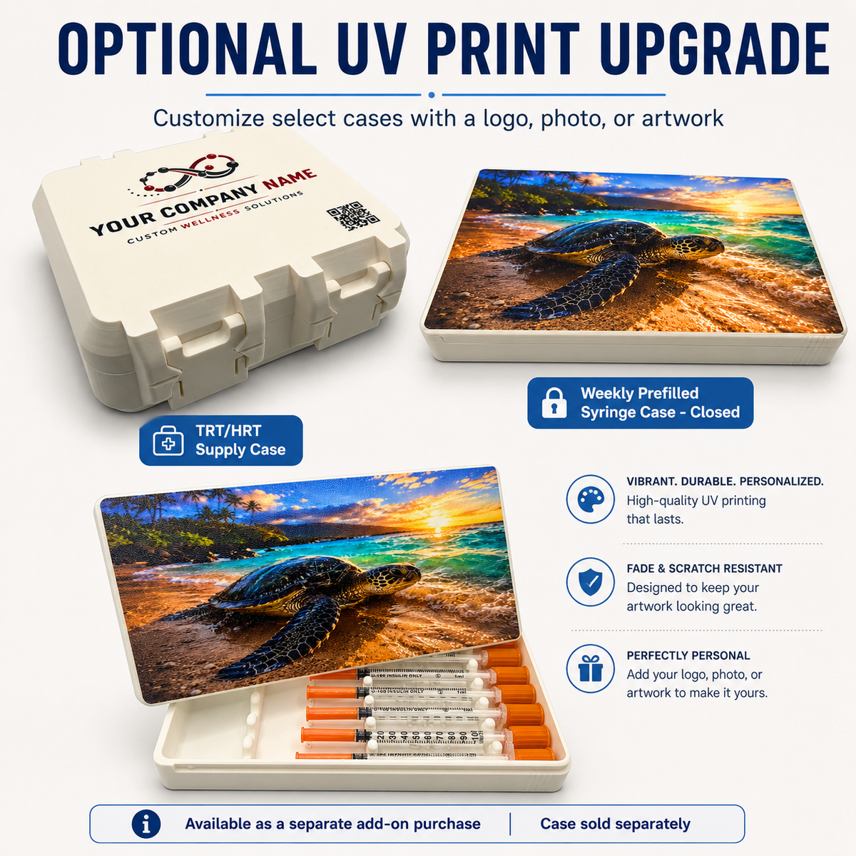 UV print upgrade examples with logo and full-color turtle artwork; case sold separately