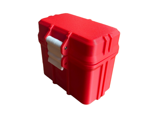 Angled image of the fully closed 2-vial storage container for bacteriostatic water. The rugged red casing with vertical ribbed reinforcements and a white snap clasp reflects a compact, no-logo design—perfect for protecting medical vials while traveling or organizing at home.