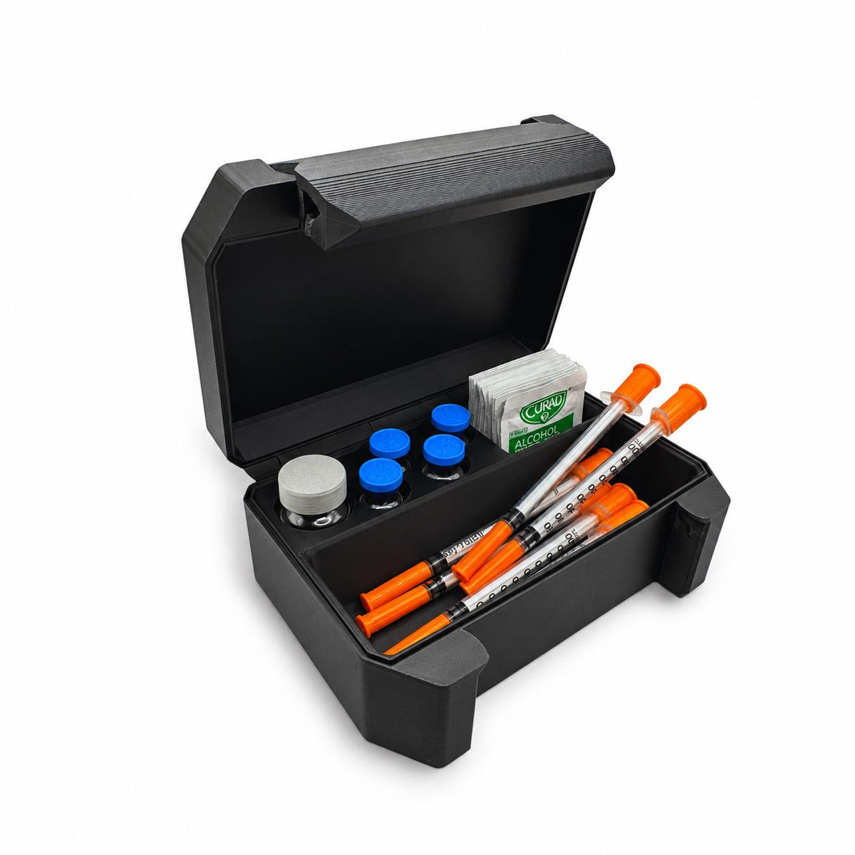 Open black compact vial and syringe travel case with one 10ml vial, four 3ml vials, syringes and prep pads on white.