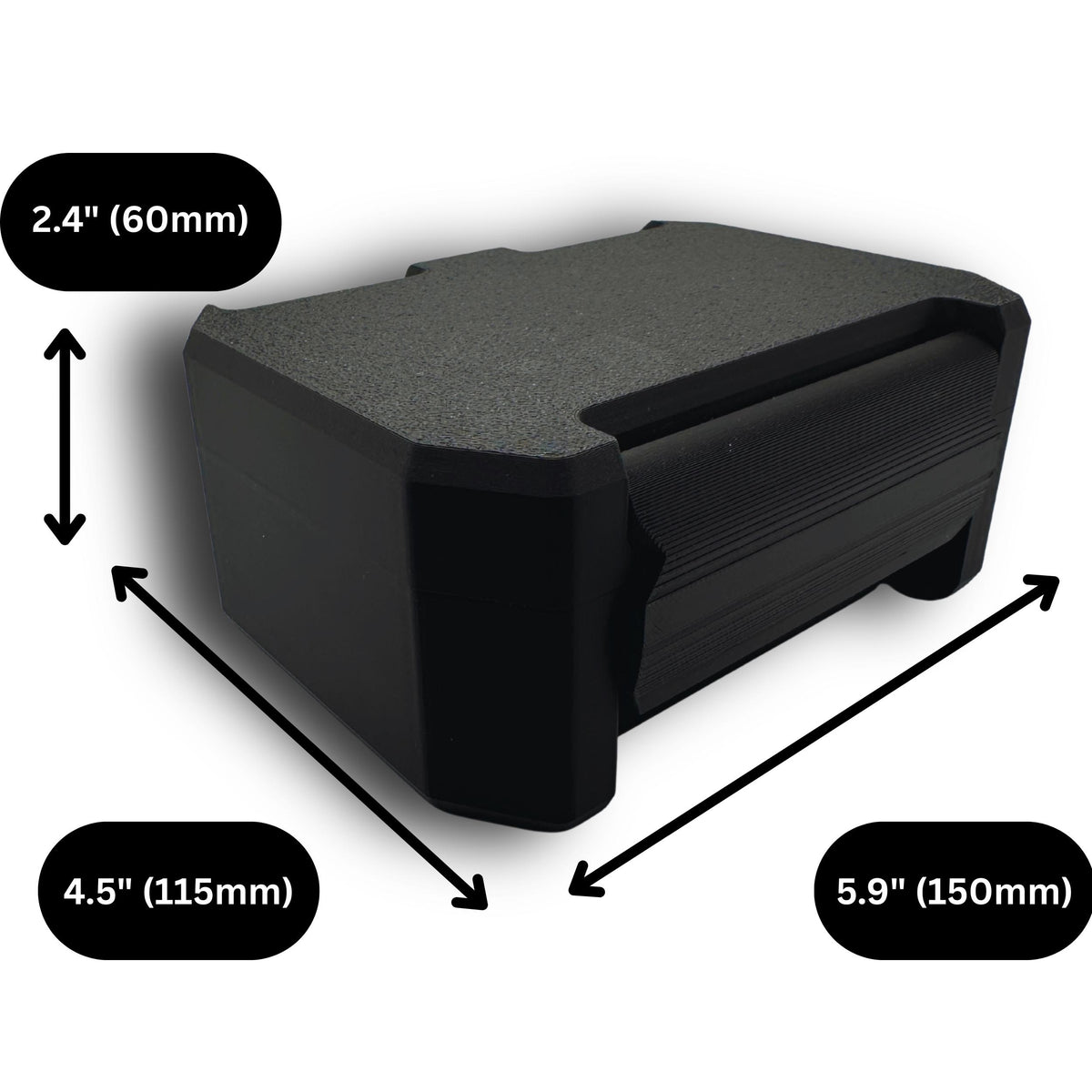 Closed black compact vial travel case with exterior measurements labeled 150 × 115 × 60mm.