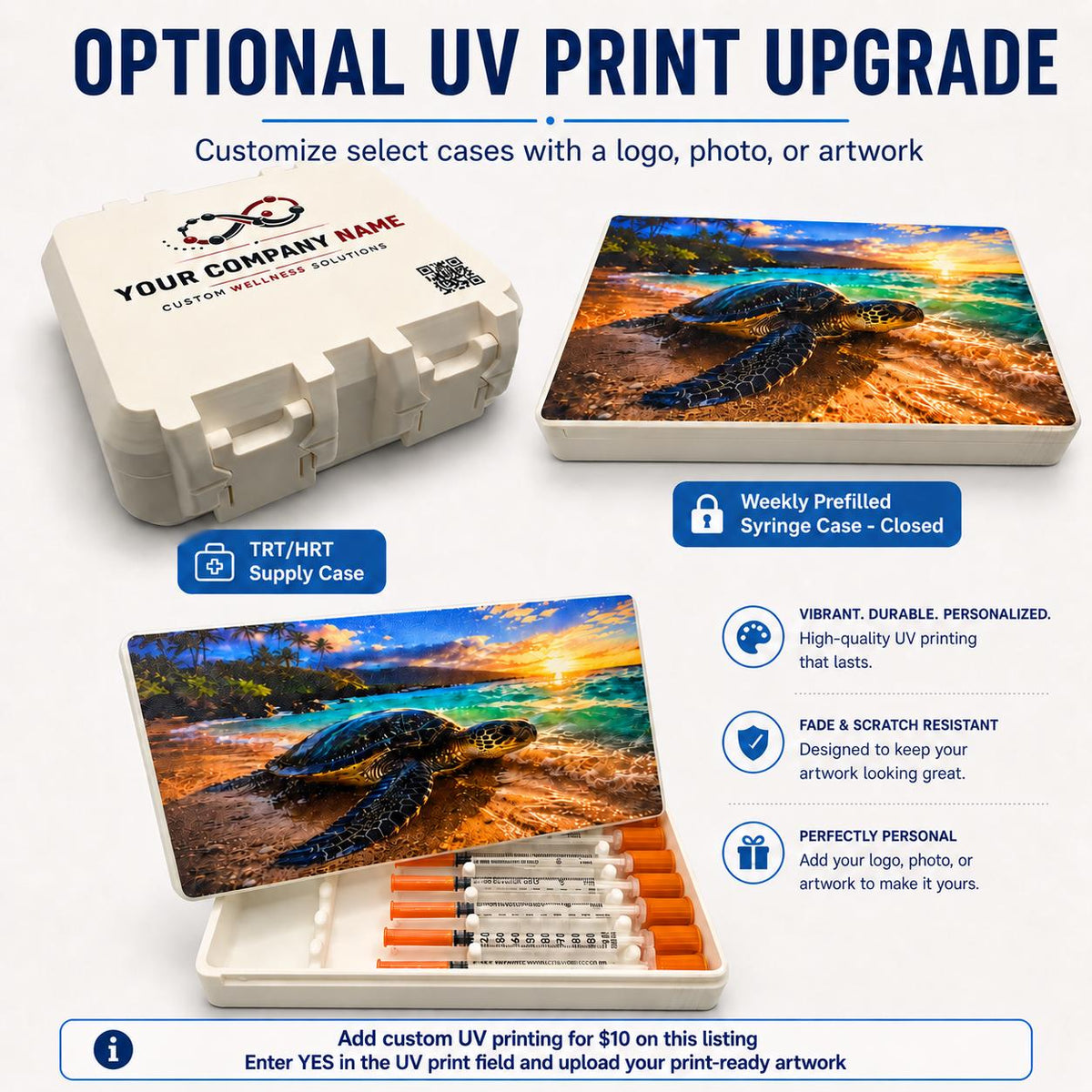 Custom UV printing examples on case lids; the pictured artwork upload instructions apply to Etsy.
