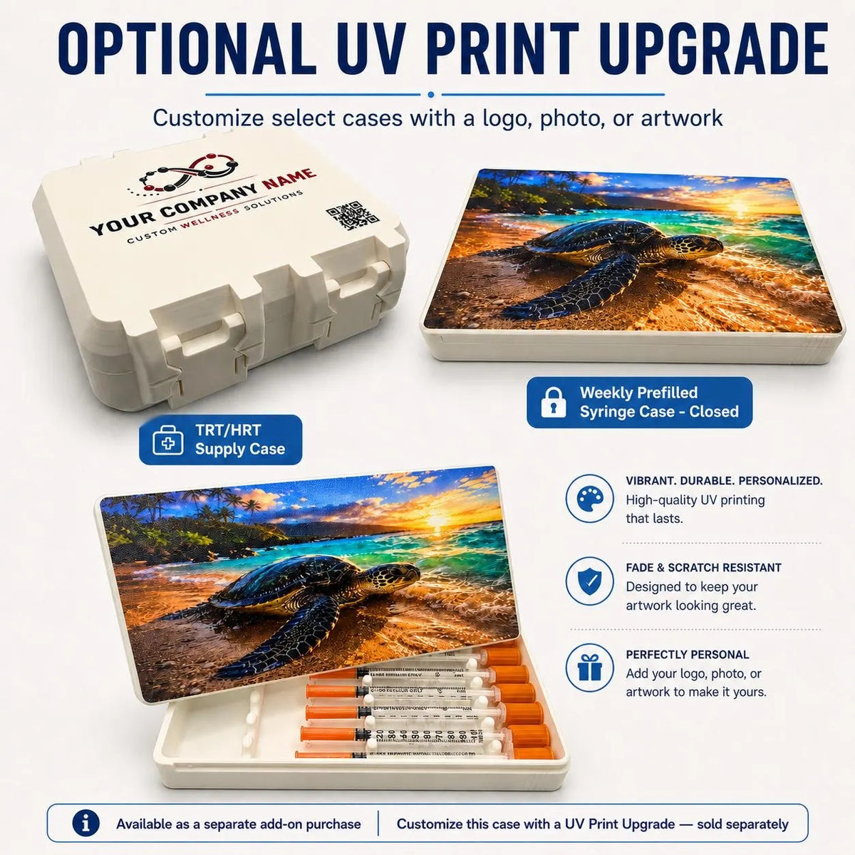 Optional UV lid-printing graphic showing example storage cases decorated with a company logo and sea turtle artwork, including a closed case and an open syringe case.