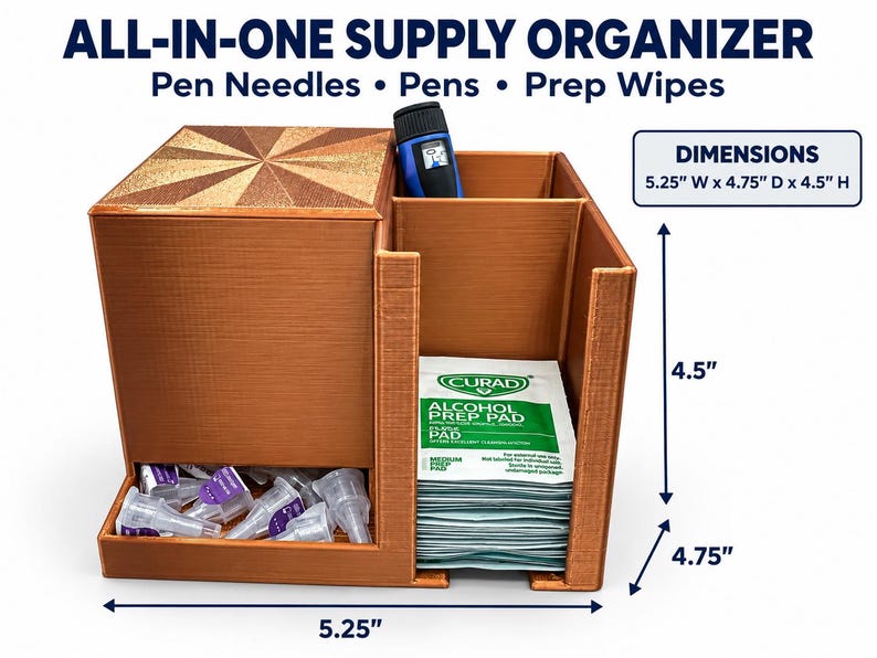 Copper desktop organizer dimension graphic: 5.25 inches wide, 4.75 inches deep and 4.5 inches high.