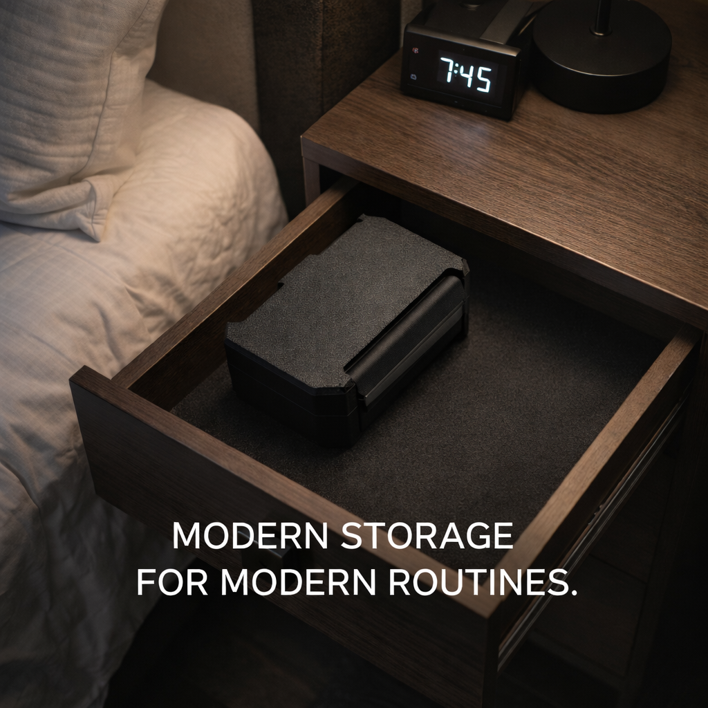 Matte black storage case placed inside a bedroom nightstand drawer beside a bed, emphasizing discreet, out-of-sight organization. Compact case designed to store 3–10ml vials, wipes, and syringes up to 120mm long. Minimal modern storage solution for keeping supplies organized and protected.